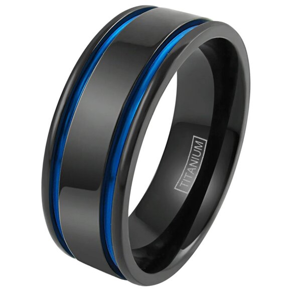 Gorgeous Gunmetal Black Titanium Ring with Two Cool Cobalt Blue Racing Stripes